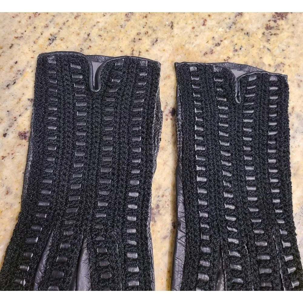 Vintage Size M 7 Black Leather And Knit Handmade Gloves Hammer Of Hollywood